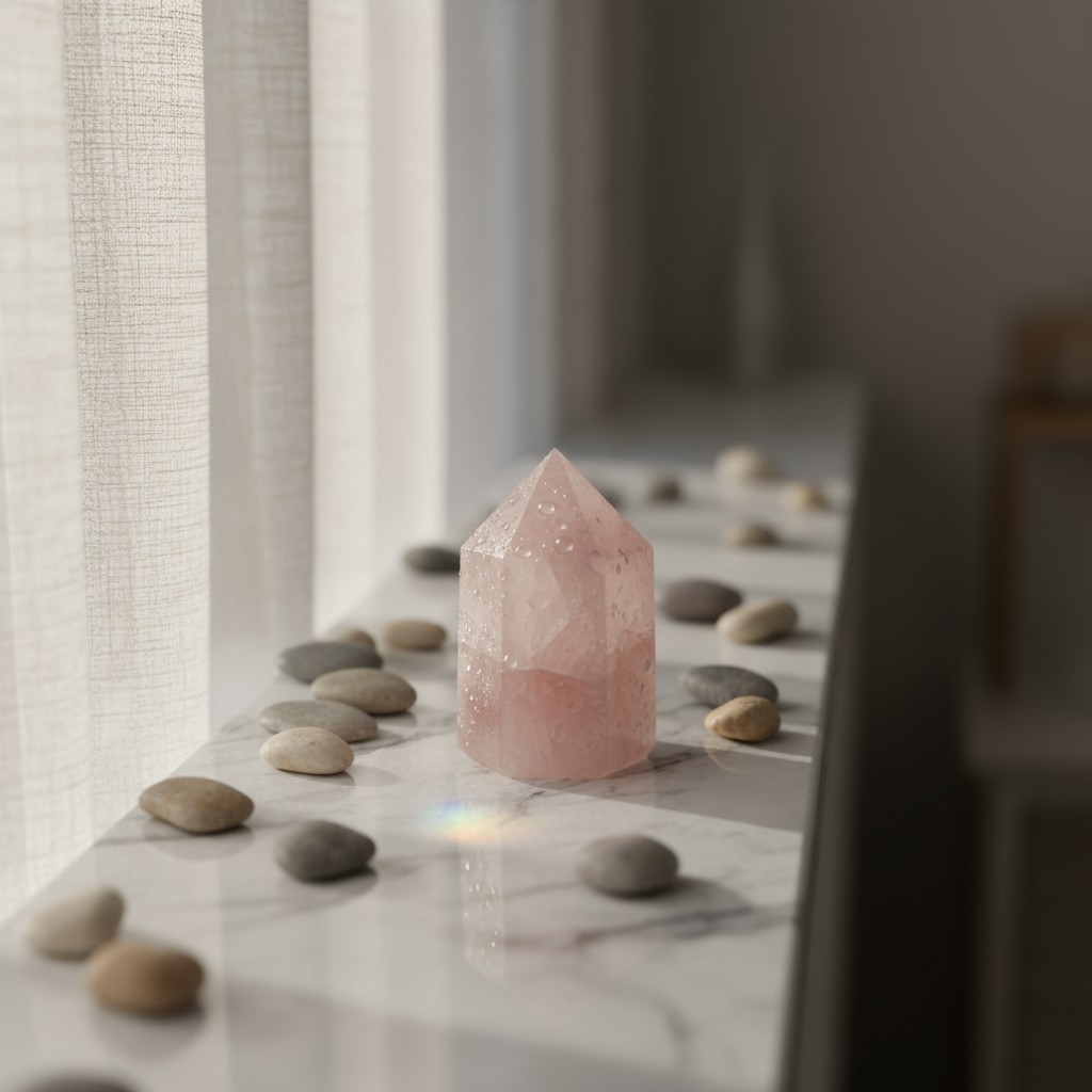A rose quartz crystal tower with a smooth, pinkish hue and subtle inclusions stands on a marble surface, surrounded by sca...