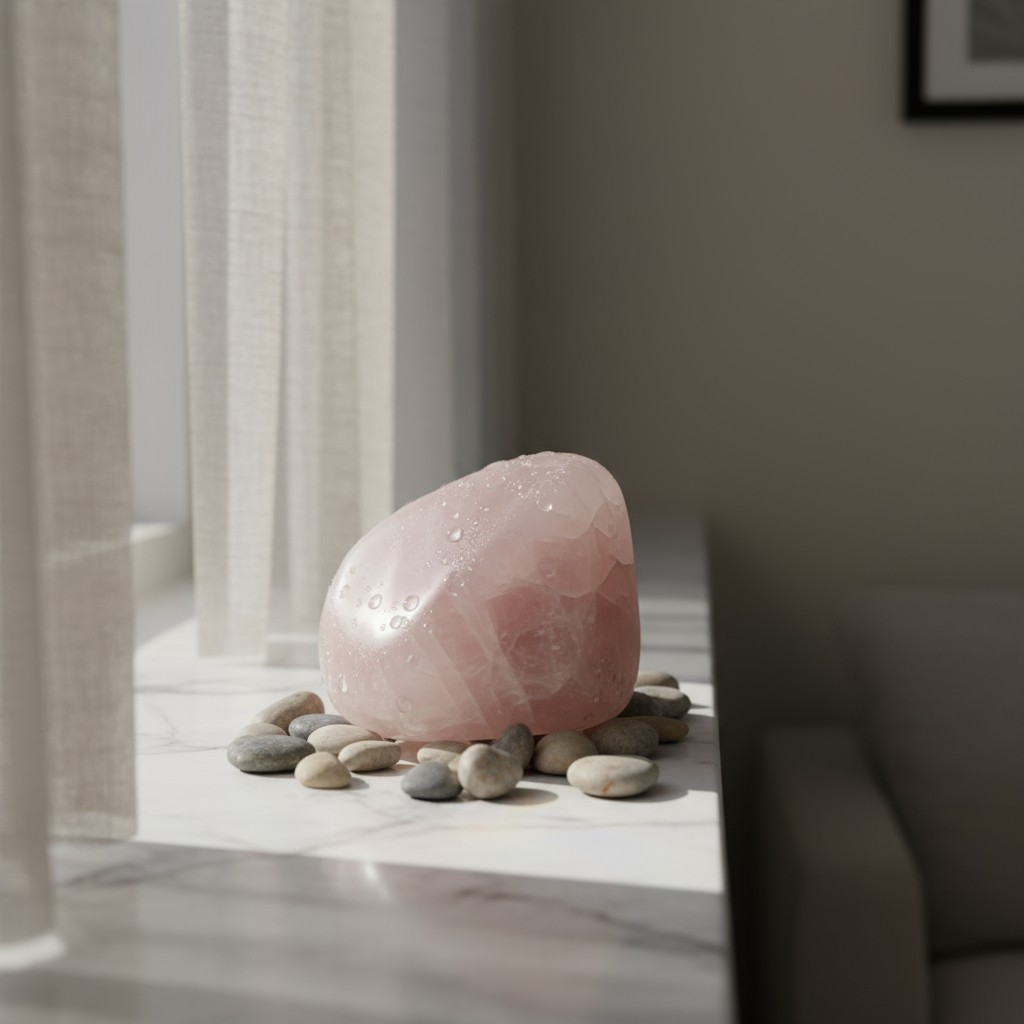 alt text: A rose quartz stone on a pebble coated floor in an interior room. Light rays are passing through curtains on the...